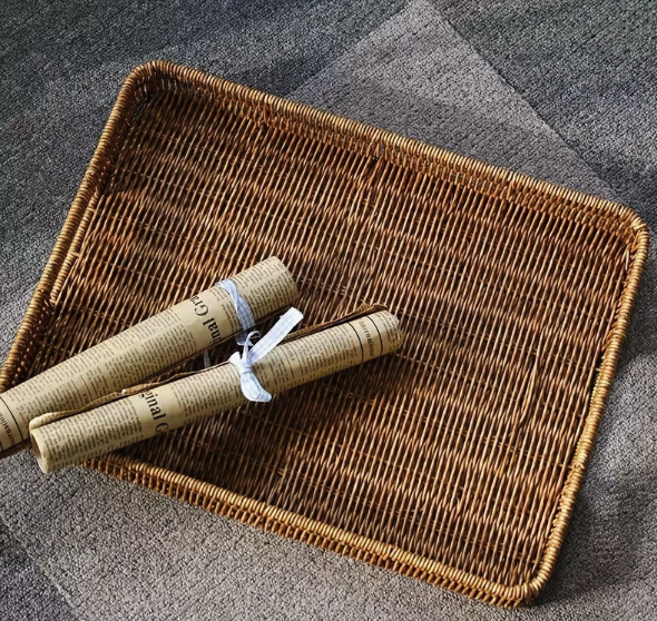 Rustic Imitation Rattan Woven Storage Basket Tray with Handles