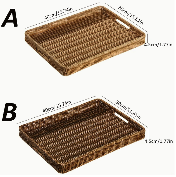 Rustic Imitation Rattan Woven Storage Basket Tray with Handles