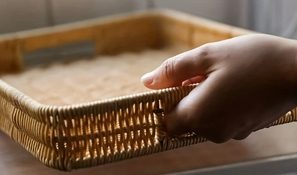 Rustic Imitation Rattan Woven Storage Basket Tray with Handles